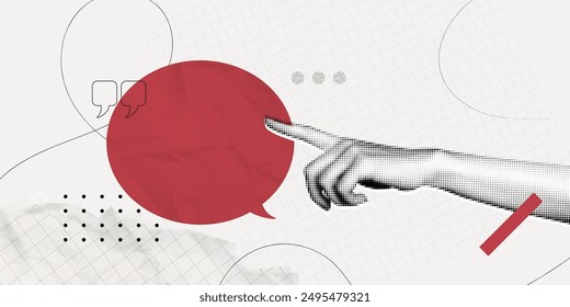 Trendy Halftone Collage Hand points to speech bubble message. Social media communication. Contemporary art. Empty space for quote, plan and idea. Creative abstract template. Vector illustration