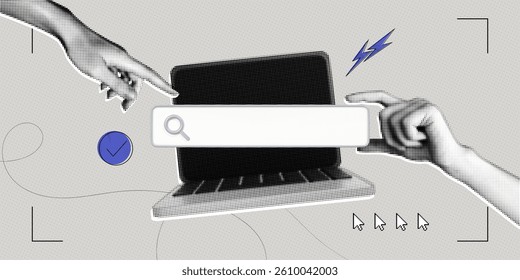 Trendy Halftone Collage Hand points to Search bar on computer screen. Job for hire online. Find information in internet browser. Data base. Seo marketing concept. Contemporary vector illustration art