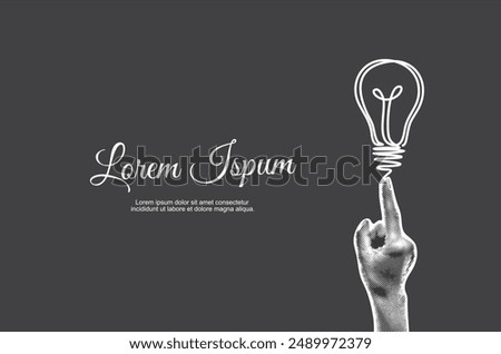 Trendy Halftone Collage Hand hand points to lightbulb drawn in a continuous one line. Creative mind or brainstorm. Create creative idea concept. Business solutions. Think outside the box.