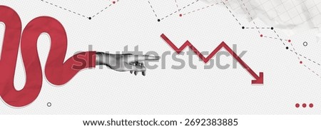 Trendy Halftone Collage Hand poiting red arrow going down. Financial problems business failure. Falling trading market. Crisis and despair. Investment losses. Contemporary vector illustration art