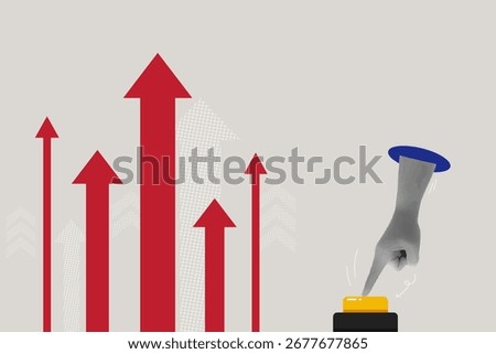  Trendy halftone collage. Hand presses the start button to increase graph for business profit growth graph, investment, financial advisor. Push start to success. Vector Illustration