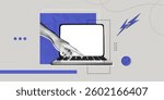 Trendy Halftone Collage Hand reaches for button on computer laptop. Type message. Online job and communication. Freelancers conference. Contemporary vector illustration art
