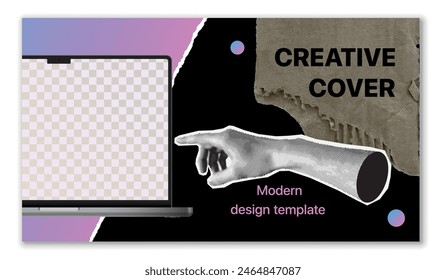 Trendy Halftone Collage Hand reaches for button on computer laptop. Type message. Online job and communication. Freelancers conference. Contemporary vector illustration art