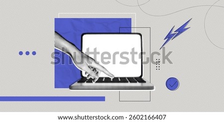 Trendy Halftone Collage Hand reaches for button on computer laptop. Type message. Online job and communication. Freelancers conference. Contemporary vector illustration art
