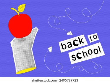 Mano de collage de semitonos de moda con manzana roja. De vuelta a la escuela. Anuncio con concepto de educación sobre fondo punteado azul. Ilustración vectorial contemporánea
