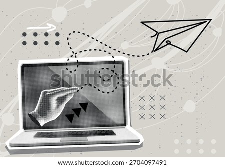 Trendy halftone collage Hand  sending e-mail, paper plane on screen laptop. Trendy illustration for business, web banner social media.