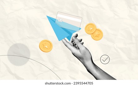 Trendy Halftone Collage Hand sends money online. Banking payments. Blue paper airplane with credit card and floating golden coins. Digital finance transaction. Contemporary vector illustration art