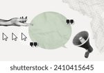 Trendy Halftone Collage Hand showing empty space speech bubble. Megaphone with message and quote symbols. Social media communication and adverting. Online news. Contemporary vector illustration art