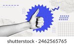 Trendy Halftone Collage Hand showing Thumbs up gesture on geometric background. Like sign. Finger up. Customer positive feedback. Business success. Contemporary abstract vector art illustration