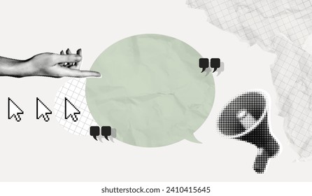 Trendy Halftone Collage Hand showing empty space speech bubble. Megaphone with message and quote symbols. Social media communication and adverting. Online news. Contemporary vector illustration art