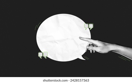 Trendy Halftone Collage Hand showing empty space speech bubble. Social media communication. Contemporary art. Empty space for quote, plan and idea. Creative abstract template. Vector illustration