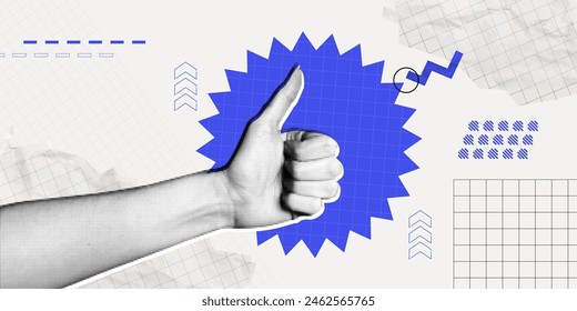 Trendy Halftone Collage Hand showing Thumbs up gesture on geometric background. Like sign. Finger up. Customer positive feedback. Business success. Contemporary abstract vector art illustration