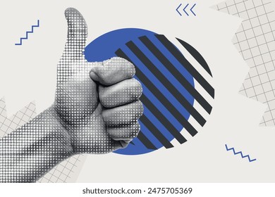 Trendy Halftone Collage Hand showing Thumbs up gesture on geometric background. Like sign. Finger up. Customer positive feedback. Business success. Contemporary vector art illustration 