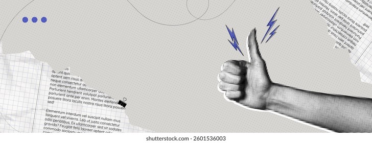 Trendy Halftone Collage Hand showing Thumbs up gesture on paper background. Like sign. Finger up. Customer positive feedback. Business success. Good job. Contemporary abstract vector illustration art