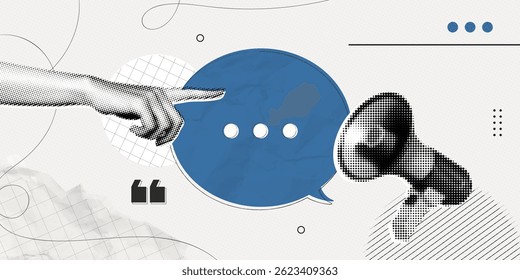 Trendy Halftone Collage Hand showing speech bubble. Megaphone with message and quote symbols. Social media communication , promotion and marketing. Online news. Contemporary vector illustration art