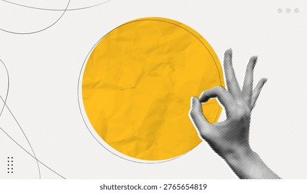 Trendy Halftone Collage Hand showing Okay Gesture. Empty speech bubble message. Good idea. Ok sign. Dots texture. Contemporary vector illustration art