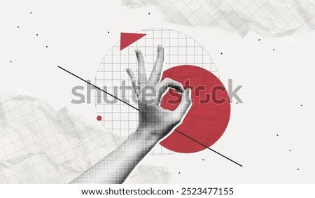 Trendy Halftone Collage Hand showing the ok gesture. Metaphor composition. Magazine style poster. Paper elements. Contemporary vector illustration art