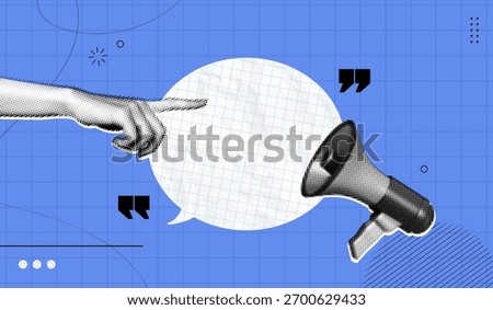 Trendy Halftone Collage Hand showing speech bubble. Megaphone with message and quote symbols. Social media communication , promotion and marketing. Online news. Contemporary vector illustration art