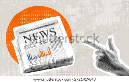 Trendy Halftone Collage with Hand showing to the newspaper. Breaking news, hot news. Halftone hand and newspaper n dotted texture vintage pop art style 
