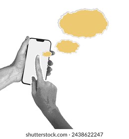 Trendy halftone collage. Hand shows on phone display. Ripped paper in the shape of a cliff.Social media communication. Blank space for quote, plan and idea. 