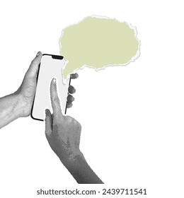 Trendy halftone collage. Hand shows on phone display. Ripped paper in the shape of a cliff.Social media communication. Blank space for quote, plan and idea. Abstract Template.