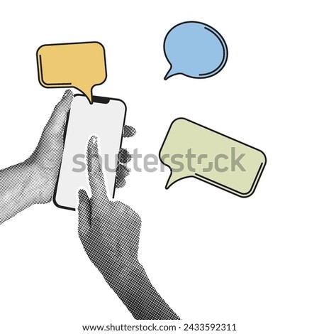 Trendy halftone collage Hand shows on phone display. Social media communication. Blank space for quote, plan and idea. Abstract template.