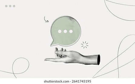 Trendy Halftone Collage Hand with speech bubble message. Social media communication concept. Space for text. Online discussion on forum. Contemporary vector illustration art