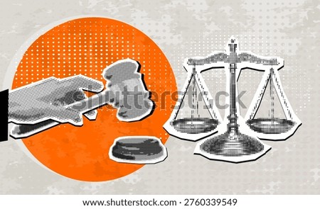 Trendy Halftone Collage Hand strikes judge's gavel and scales. Verdict. Modern photo collage style. Vector illustration
