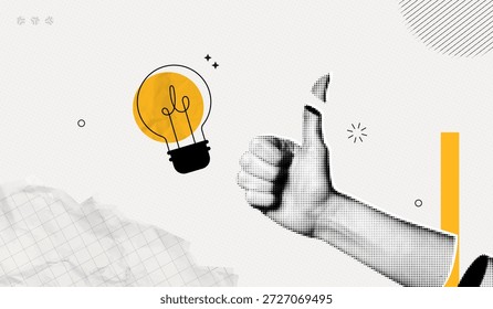 Trendy Halftone Collage Hand with Thumb up and Lightbulb. Knowledge and science. Education concept. Business solutions. Think outside the box. Marketing time. Contemporary vector illustration art