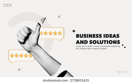 Trendy Colagem de Meio-Tom Mão com Polegar para cima e Feedback Positivo. Classificação Gold cinco estrelas. Ideias e soluções de sucesso empresarial. Banner da peça com elementos de papel. Arte de ilustração vetorial contemporânea