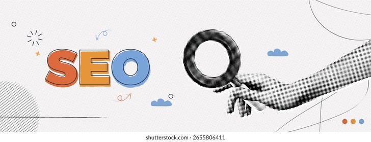 Trendy Colagem de Meio-Tom Mão usando foco de lupa para SEO. Otimizando seu site para ranquear em mecanismos de busca. Promover o tráfego para o site. Arte de ilustração vetorial contemporânea