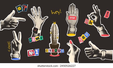 Trendy Halftone Collage Hands with Blackmail Letters. Cutout Vintage Dotted and Doodle Elements. 