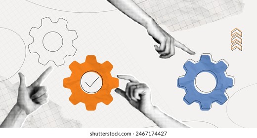 Trendy Halftone Collage Hands with cogs. Employees connecting gears symbolizing teamwork. Working experience. Concept of success, leadership, career development. Contemporary vector art illustration