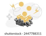 Trendy halftone collage of hands with coins. Stacks of coins. Vector illustration of money, finance, banking, profit, investment.Financial planning. Saving money. Vector illustration