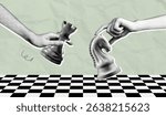 Trendy Halftone Collage Hands hold chess pieces. Abstract chessman. Game strategy. Strategic leader. Challenge your opponent. Paper texture. Contemporary vector illustration art