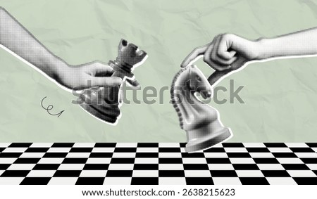 Trendy Halftone Collage Hands hold chess pieces. Abstract chessman. Game strategy. Strategic leader. Challenge your opponent. Paper texture. Contemporary vector illustration art