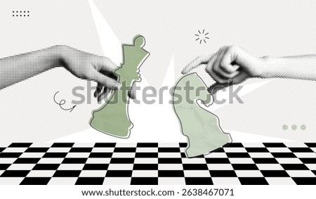 Trendy Halftone Collage Hands hold chess pieces. Abstract chessman. Game strategy. Strategic leader. Challenge your opponent. Paper texture. Contemporary vector illustration art