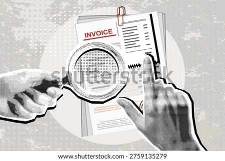 Trendy Halftone Collage Hands hold Invoice sheet, bill with magnifying glass in dotted pop art style. Illustration, invoice payment concept