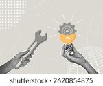 Trendy halftone collage. Hands holding a light bulb with a gear and a wrench.Concept product development,business problem solving,efficiency concept.
