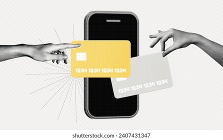 Trendy Halftone Collage Hands holding Credit Cards on phone screen. Online payment concept. Keeping money safe. Financial transactions. Banking loan and e-commerce. Vector contemporary art