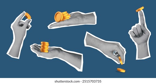 Colagem de meio-tom moderno com mãos segurando moedas de ouro 3D. Elementos de papel isolados no plano de fundo azul-escuro. Ilustrações vetoriais para o conceito de finanças, investimento e negócios