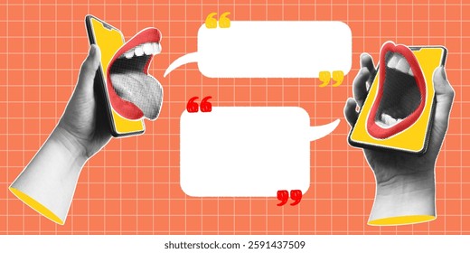 Trendy halftone collage with hands holding phones with screaming mouth on display and speech bubbles. Social media poster with space for your text. Advertising banner for sale, promotion and marketing