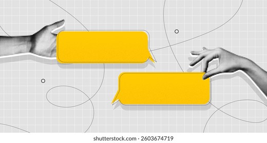 Trendy Halftone Collage with Hands holding two yellow speech bubble messages. Social media communication. Empty space for quote, plan and idea. Dots element. Contemporary vector illustration art