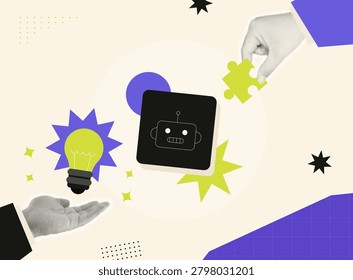 Trendy Halftone collage of hands holding a light bulb and puzzle piece around an AI robot icon, representing prompt engineering and creative AI solutions. Perfect for tech, AI, and innovation content.