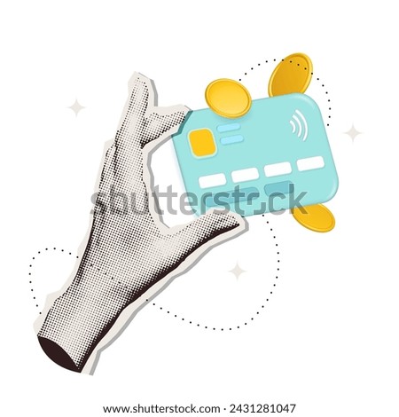 Trendy Halftone Collage Hands holding Credit Card with gold coins. Online payment concept with 3d render element. Keeping money safe. Digital Financial transactions. Banking loan, e-commerce. Vector