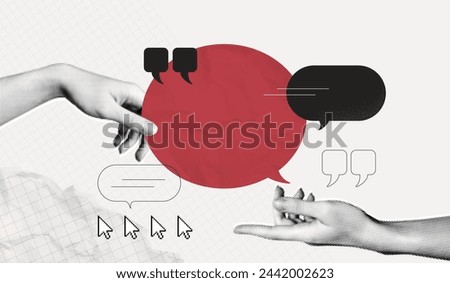 Trendy Halftone Collage with Hands holding speech bubbles. Social media communication. Contemporary art. Empty space for quote, plan and idea. Creative abstract template. Vector illustration