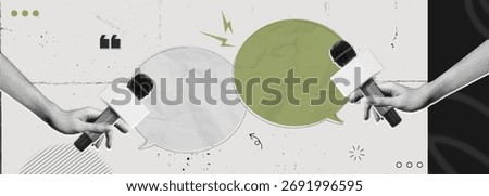 Trendy Halftone Collage Hands holding Microphones for social media interview and news. Speech bubble messages. Journalist and reporter. Broadcast recording. Retro vector illustration art