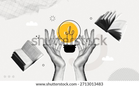 Trendy Halftone Collage Hands holding Light bulb around books. Study and education concept. New ideas and solutions. Creative mind or brainstorm. Contemporary vector illustration art
