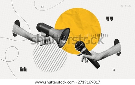 Trendy Halftone Collage Hands holding Megaphone and microphone for media interview and news. Journalist and reporter. Broadcast recording. Streaming service. Contemporary vector illustration art