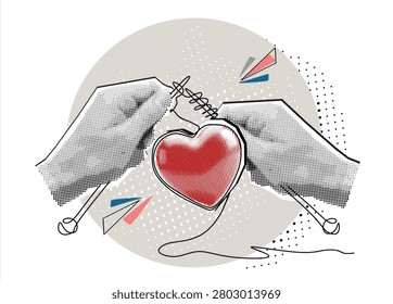 Trendy halftone collage Hands knit red big heart of spokes as prize of attention and warmth. Concept of Valentine's Day, love, relationships, feelings., emotion expression. Vector illustration  